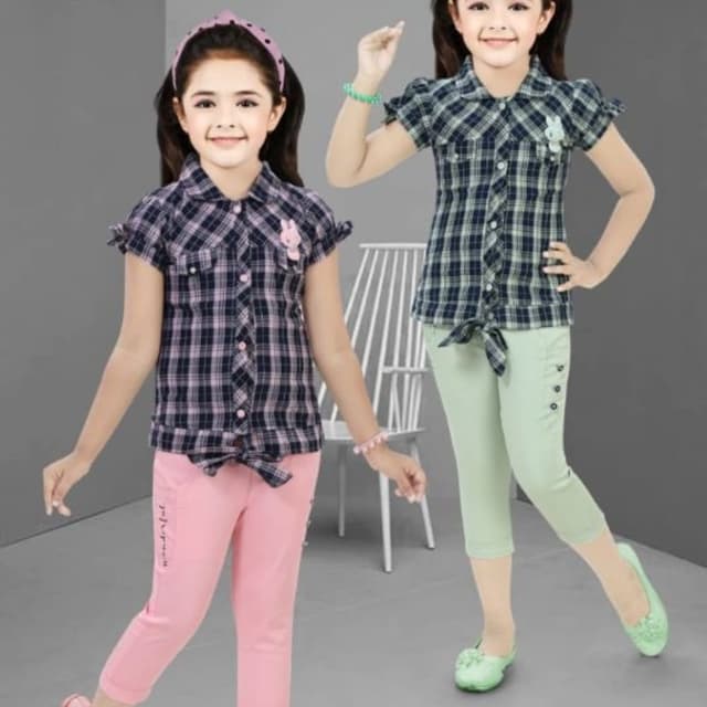 Navy blue, pink, and light green Shirt and Capri Set