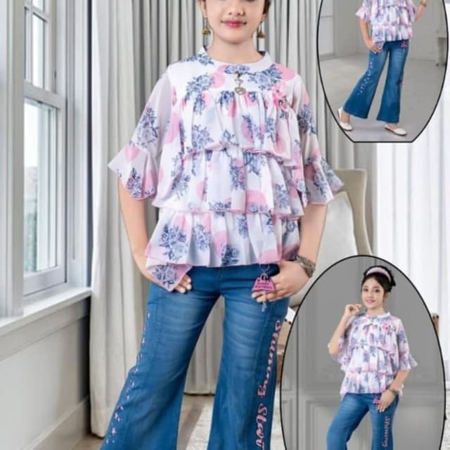 White, Pink, Blue Top and Jeans Set