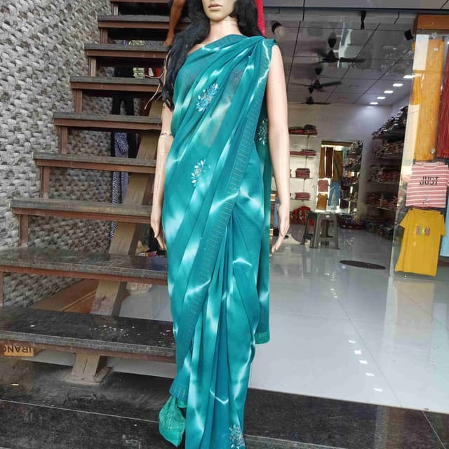 Teal, White Saree