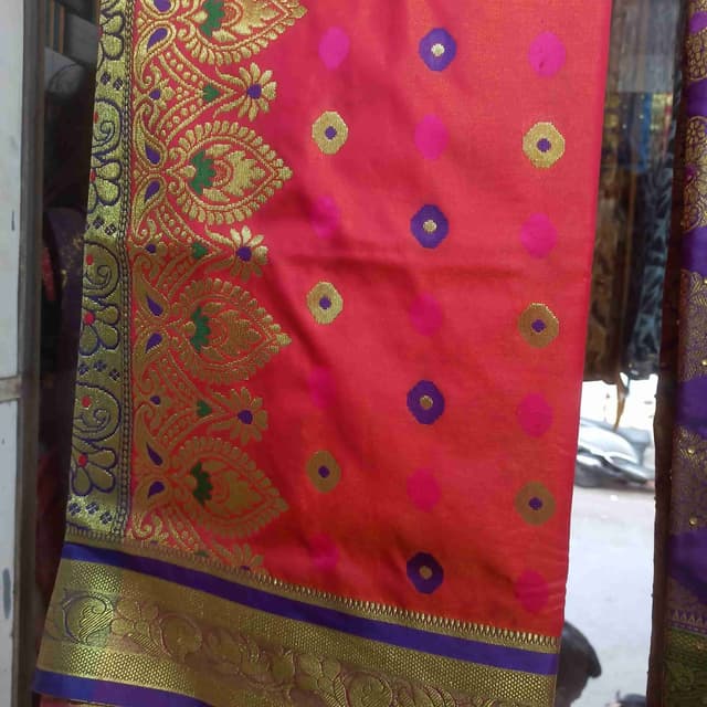 Red, Gold, Purple, Green, Pink Saree