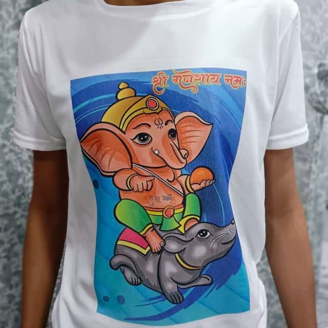 White, orange, blue, green, yellow, grey T-shirt