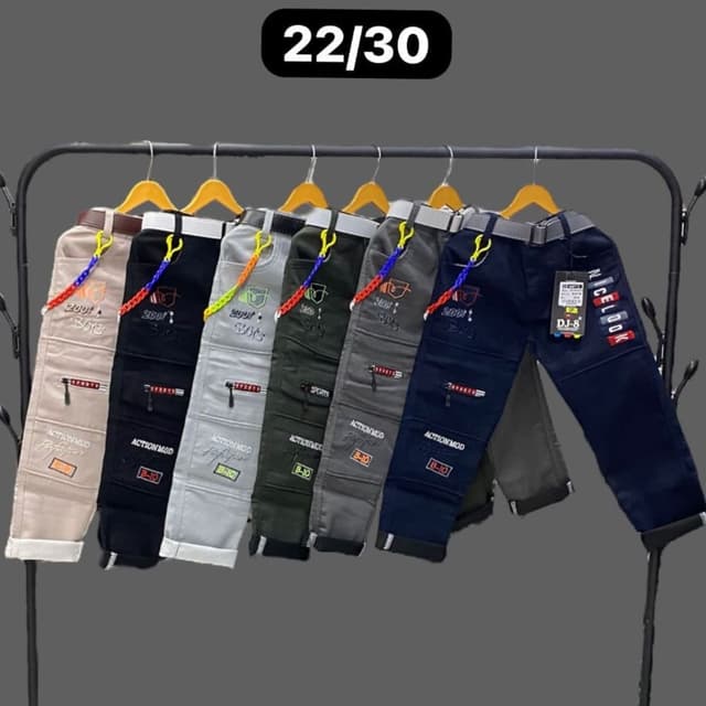Various shades of beige, black, gray, green, and navy blue. Pants