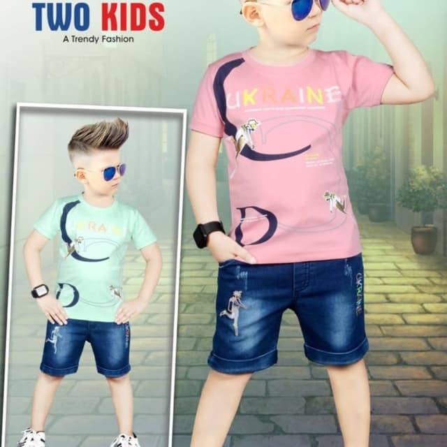 Pink, Dark Blue, and Mint Green T-shirt and Shorts Set
