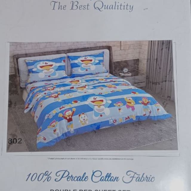 Blue, white, red, yellow, and various other colors associated with the Doraemon characters Bed Sheet Set