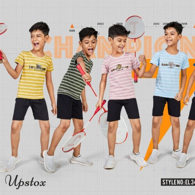 Various, including yellow, green, pink, and light blue with black accents T-shirts and shorts set