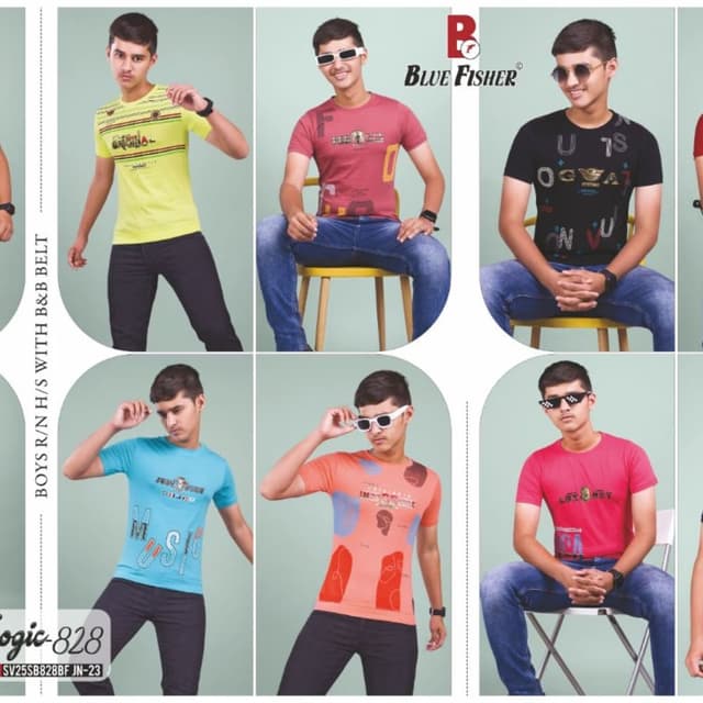 Various, including yellow, red, black, blue, and orange T-shirts
