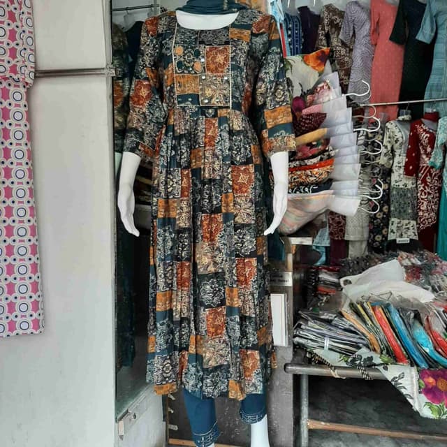 Teal, Brown, Orange, and Beige Dress