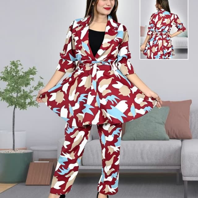 Burgundy, beige, white, and light blue Suit