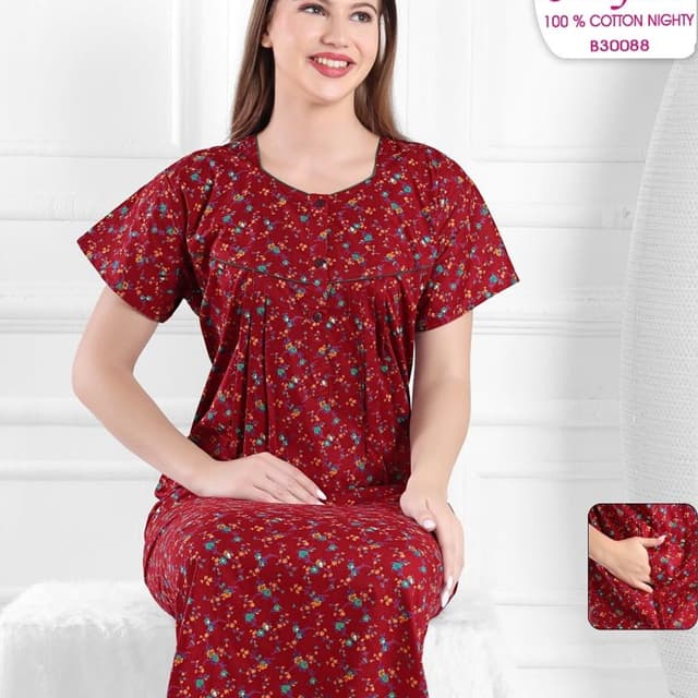 Red with Multicolor Floral Print Nighty