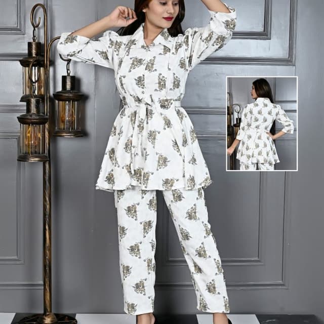 White with a pattern in shades of brown and green Coordinated Set (Top and Trousers)
