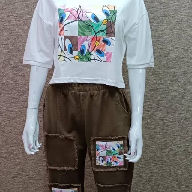 White, Brown, Multicolor T-shirt and Pants Set