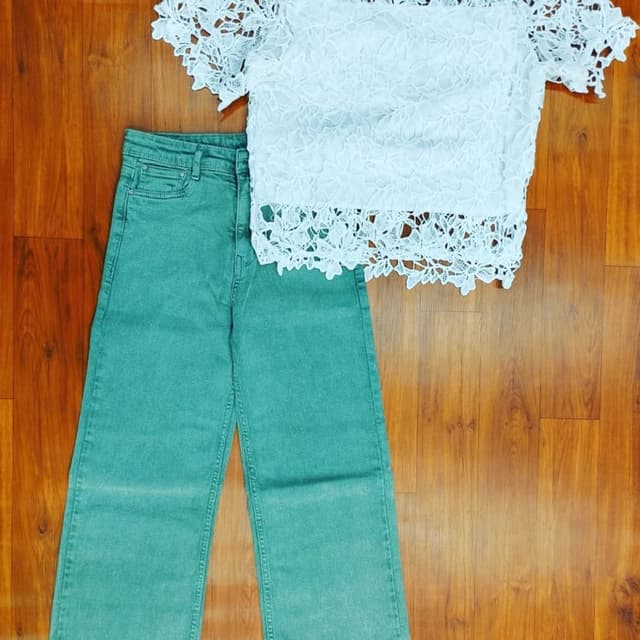 White, Teal Top, Jeans