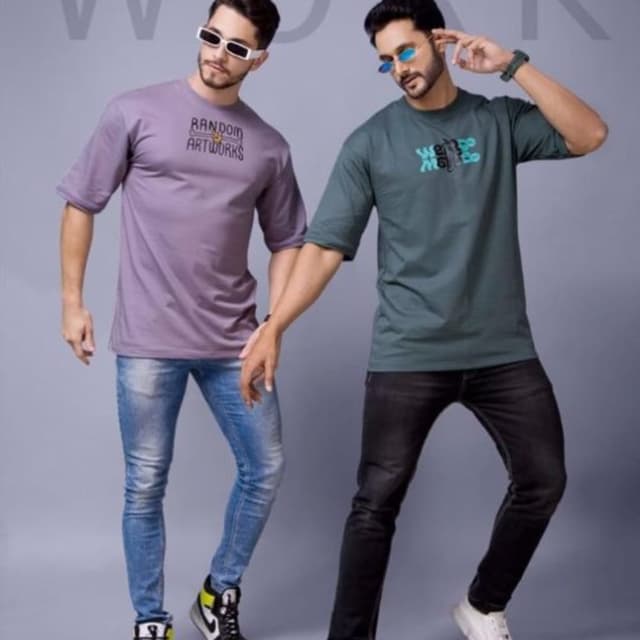 Various shades of Purple and Green, with accents of Blue and White T-shirts