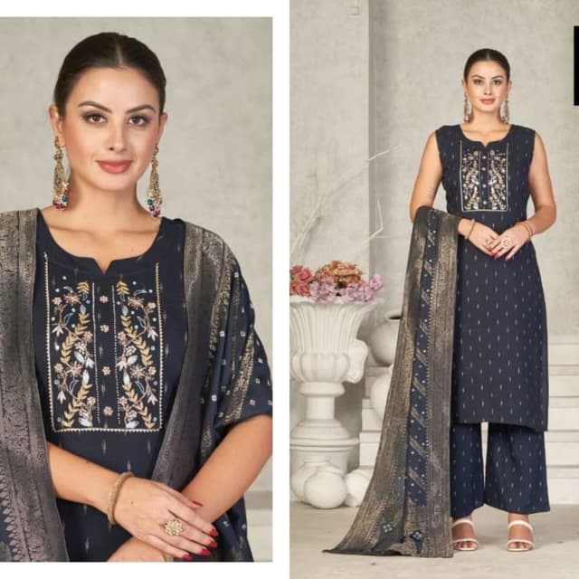 Navy blue with gold and beige accents Salwar Kameez with Dupatta