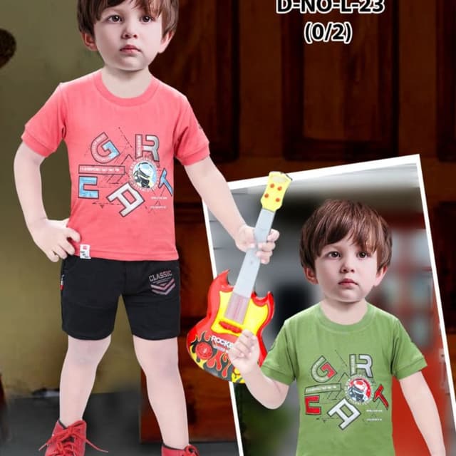 Red, Black, White, and touches of blue and green T-shirt and shorts set