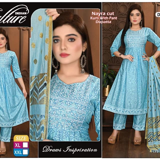 Light Blue and Gold Kurti with Pant and Dupatta