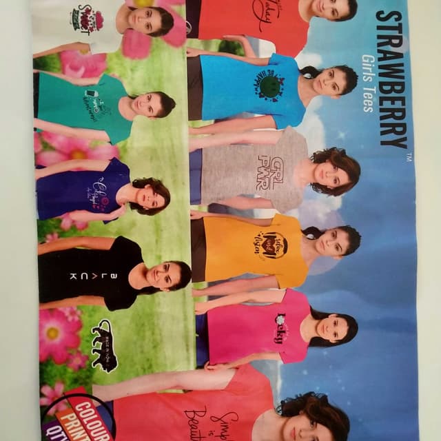 Various, including white, red, teal, blue, gray, yellow, pink, and black Tees