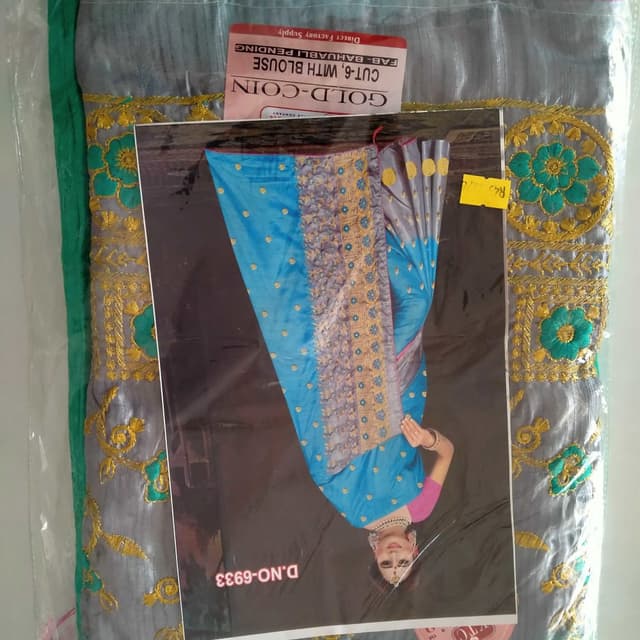 Blue, Gray, Gold, and Green Saree