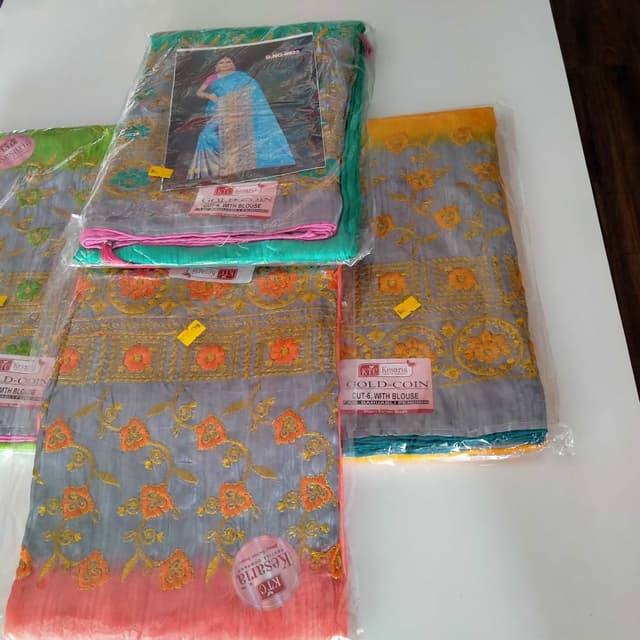 Gray, Orange, Green, Pink Saree