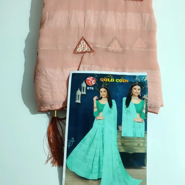 Peach and Aqua Blue Saree