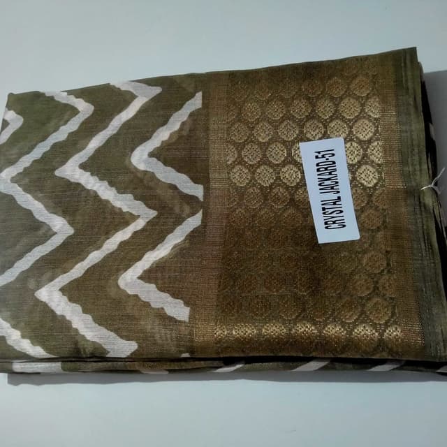 Olive green, gold, and white Saree