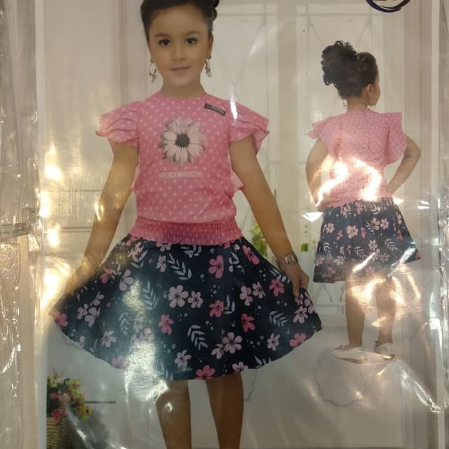 Pink, Navy Blue, White Skirt and Top Set
