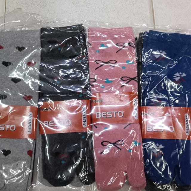 Various, including grey, black, pink, and blue, with patterns in contrasting colors. Socks