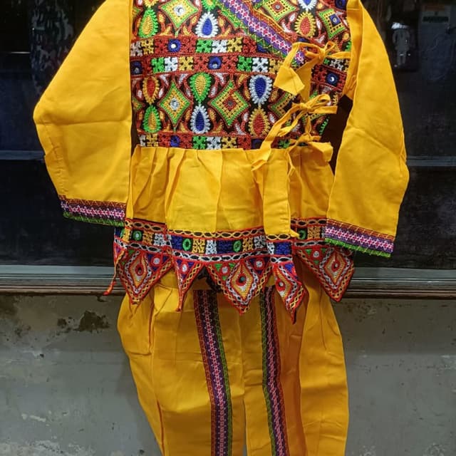Yellow, with multicolored embroidery (red, green, blue, white, black) Kurta and Dhoti Set