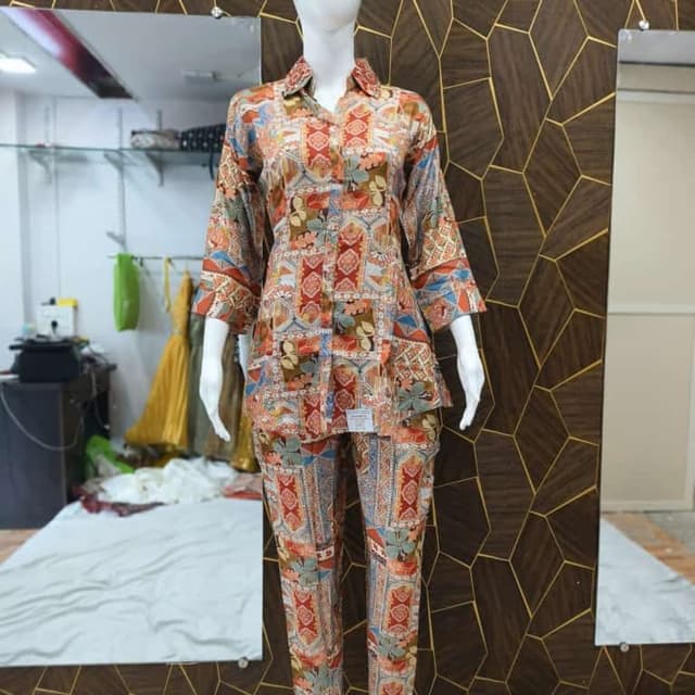 Multicolor, featuring shades of red, orange, blue, and brown Pajama set