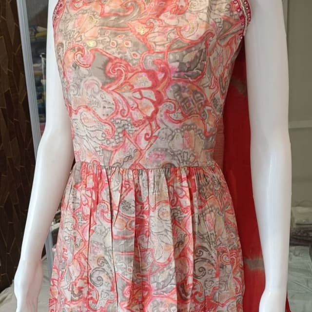 Red, Pink, Gray, and Gold Dress