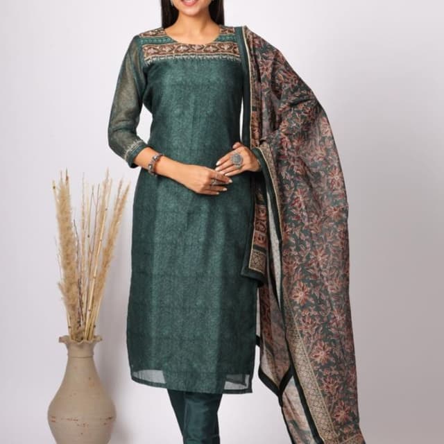 Teal green, with accents of brown, beige, and black Kurta set with dupatta