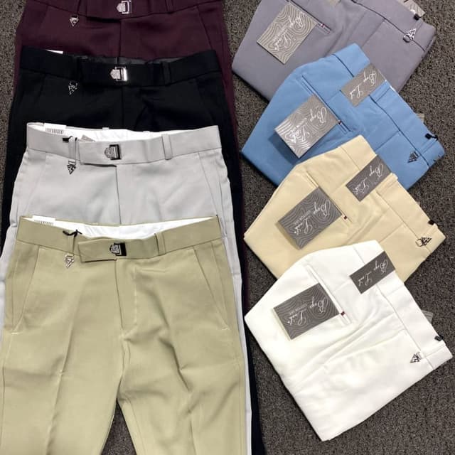 Variety of solid colors including black, gray, beige, blue, and white. Trousers/Pants