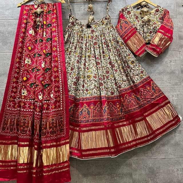 Red, Gold, Cream, and Floral Print Lehenga Choli