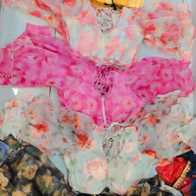 Pink, Peach, White, Green Blouse