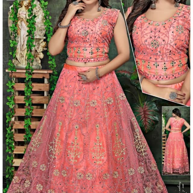 Peach, Gold Lehenga Choli