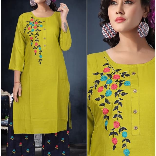 Lime Green, Navy Blue, Multicolor Kurta with Palazzo Pants
