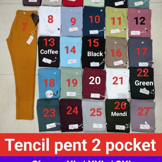 Various solid colors including mustard yellow, white, light blue, navy blue, light green, black, grey, dark red, and others. Pencil pants