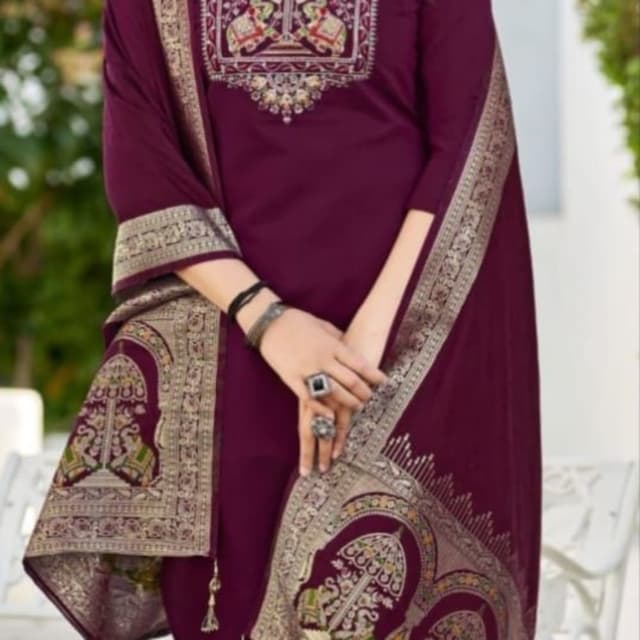 Deep maroon with gold and contrasting embroidery. Salwar Kameez with Dupatta