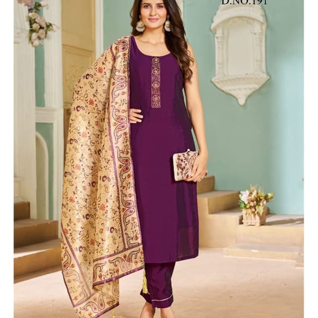 Purple, Beige, Gold Salwar Kameez with Dupatta