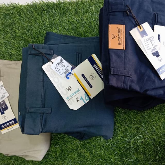 Various shades of blue, beige Trousers/Pants