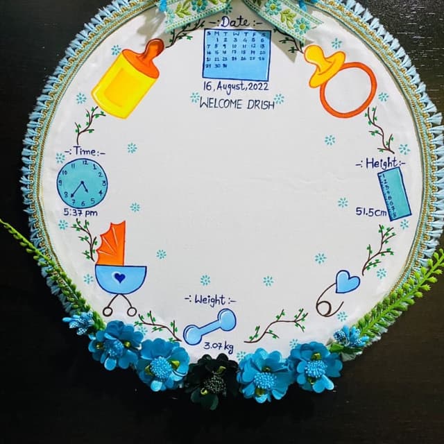 White, Blue, Orange, Green, and hints of Gold Baby Announcement Plaque