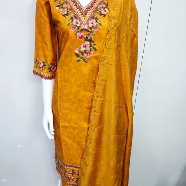 Mustard yellow with pink, green, and brown accents Salwar Kameez with Dupatta
