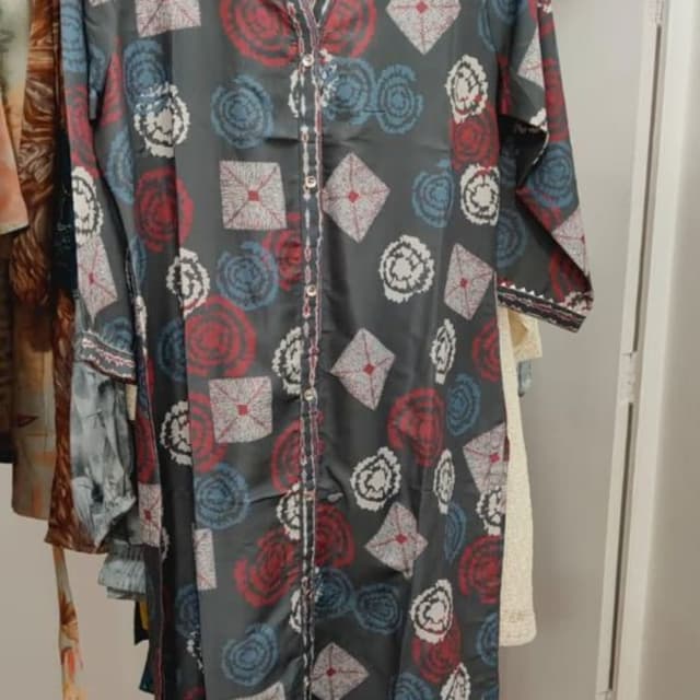 Charcoal grey with red, blue, and white accents Kurta