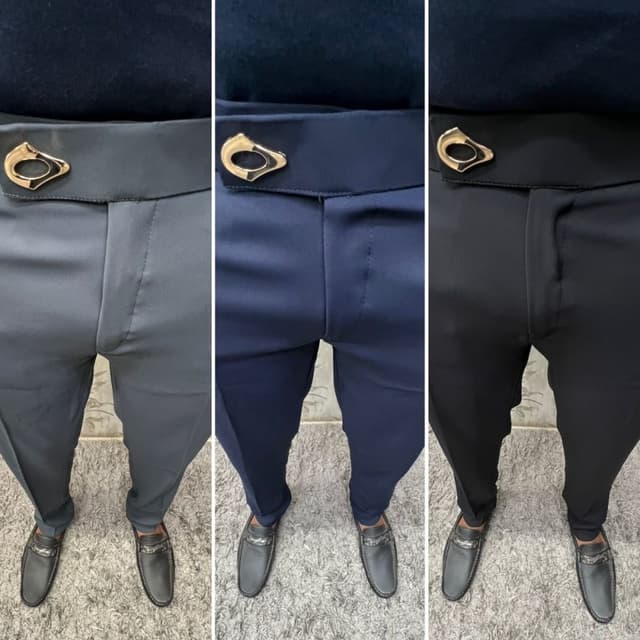 Various shades of gray, navy, and black. Trousers