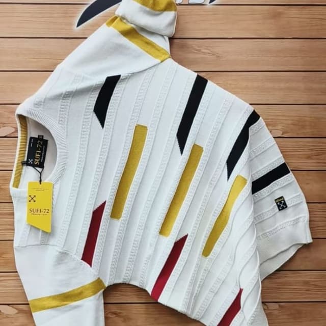 White, Black, Yellow, and Red Sweater