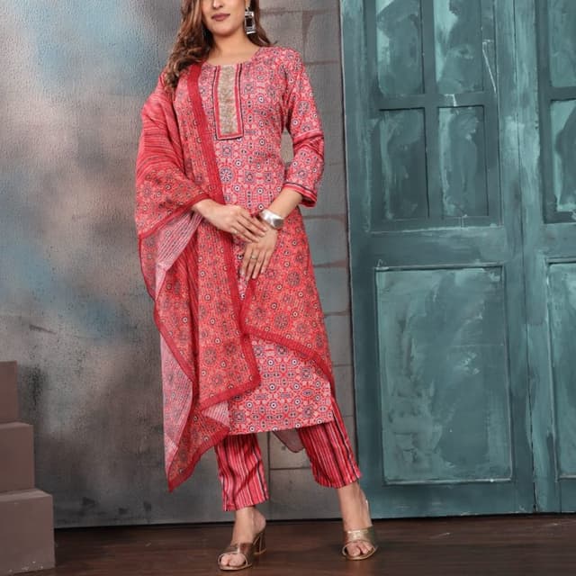 Red, with accents of off-white, and dark red/brown Kurta with Pants and Dupatta
