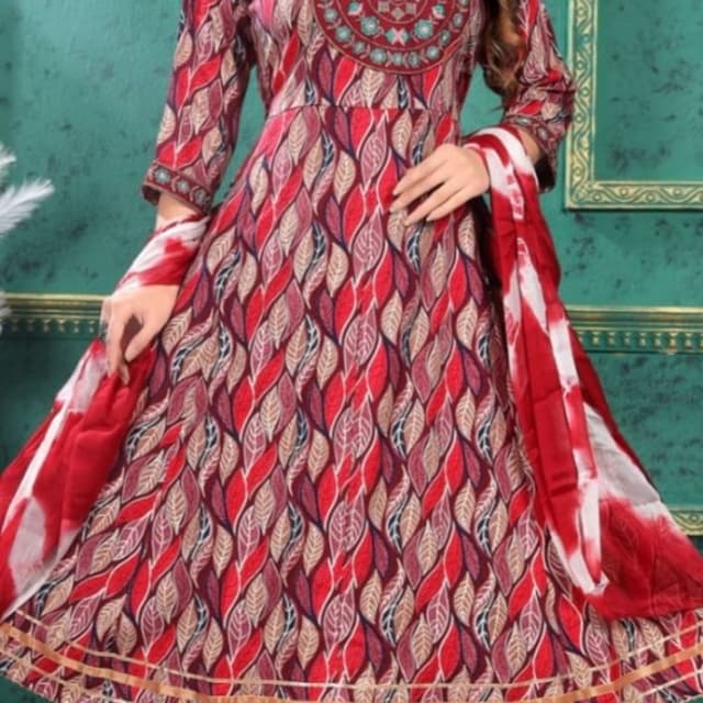 Red, maroon, beige, turquoise, and white Anarkali Suit