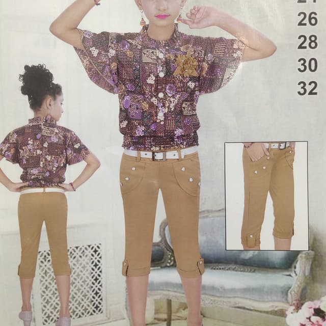Brown, Purple, Beige, White Top and Capri Set