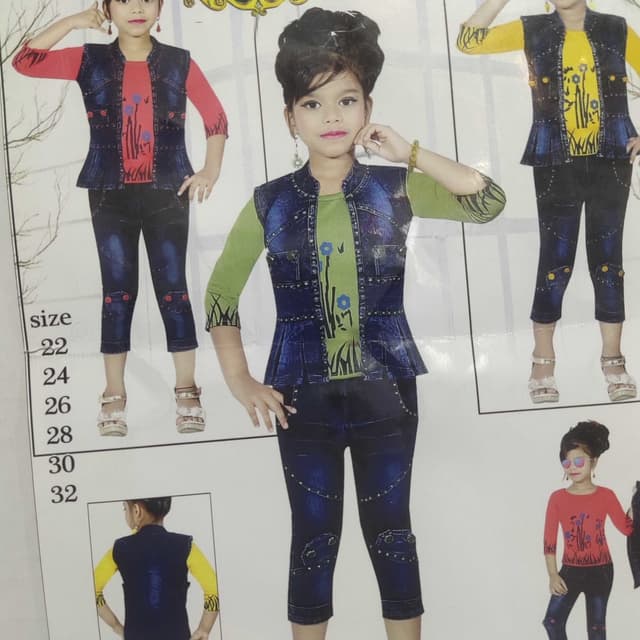Denim blue, Green, Red, Yellow Outfit