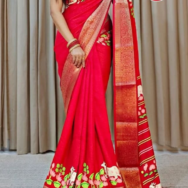 Red, Gold, Green, Pink, White Saree